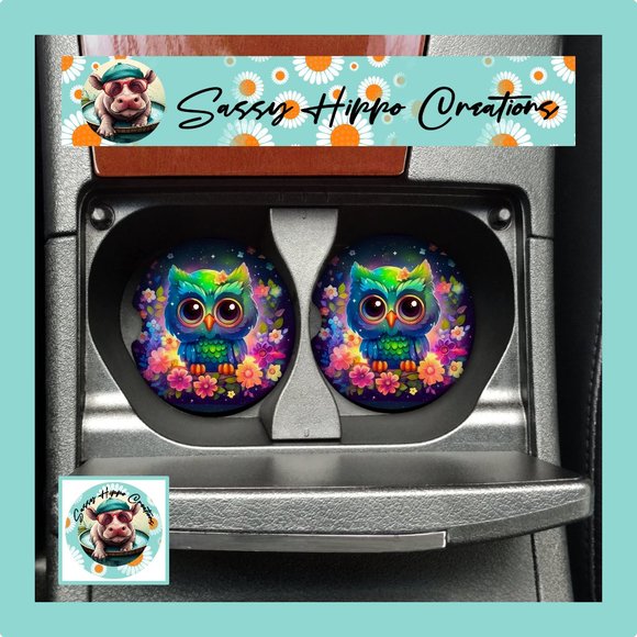 Car Coasters Neon Owl Colorful Flowers Set of 2 Neoprene Absorbent Sassy Hippo - Picture 1 of 5